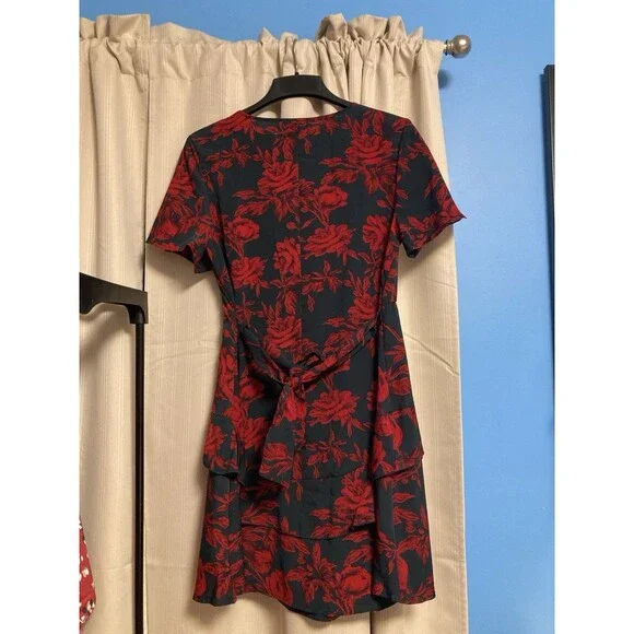 Huguest Mini Dress Womens Sz XL Blue Red Floral Ruffles short sleeve NEW - Picture 12 of 14